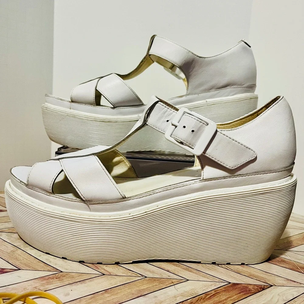 Dr Martens Adaya Platform T-Strap Wedge Sandals Women 10 White Leather Y2K Bratz